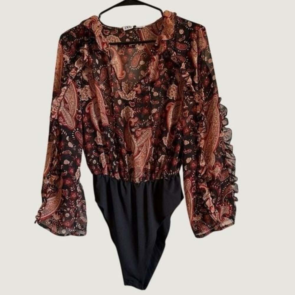 Zara Womens Paisley Ruffle Sheer‎ Long Sleeve Bodysuit Red Black Size Medium